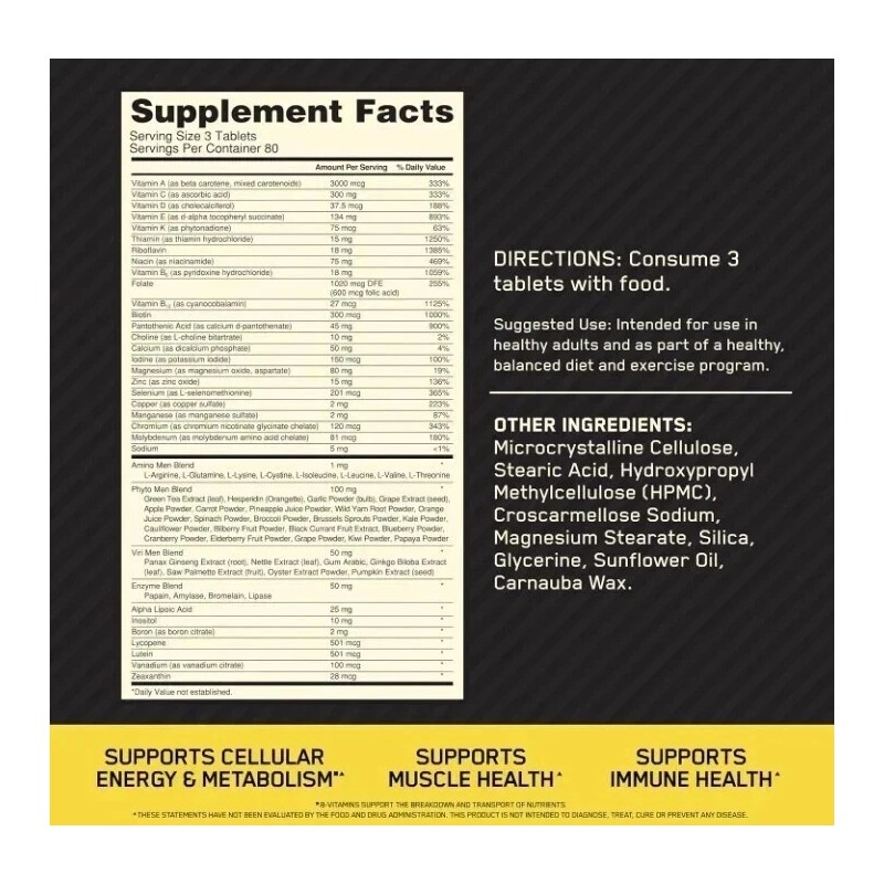 Multivitamínico diario Optimum Nutrition Opti-Men para hombres, apoyo inmunológico, 240