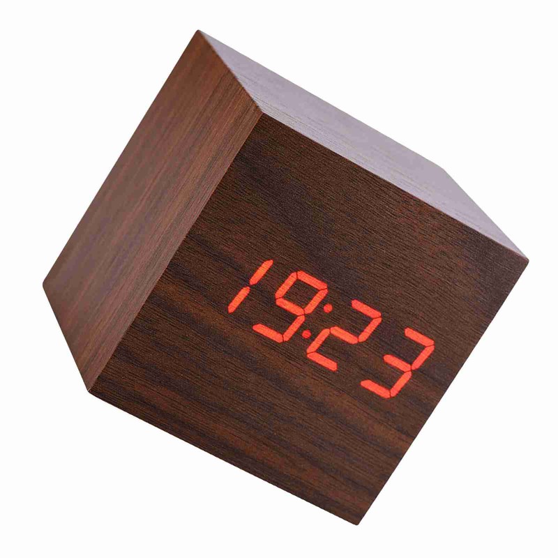 6x6x6cm Wooden Electronic Digital Alarm Desk Clock Temperature LED Display