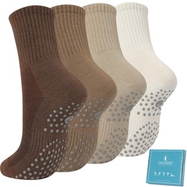 Caldodo Stopper Socks Women's 4 Pairs Yoga Socks 39-42, Gifts for Women Non-Slip Socks Adult Non-Slip Socks with Nubs Pilates Socks, Brown colour