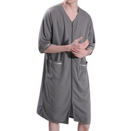 Men's Summer House Coat V Neck Soft Zipper Robe Comfy Knee Length Lounge Sleeping, Grey, Large-X-Large