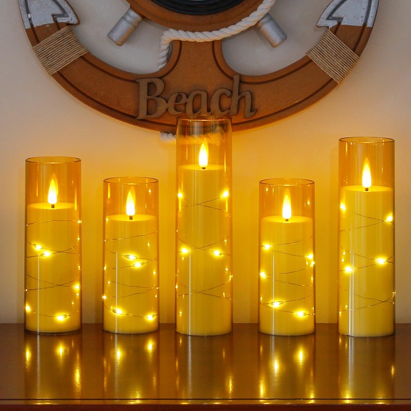 Yeelida Gold Flameless Candles with Remote and String Light, 2.2"x