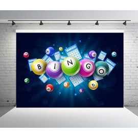CORFOTO 5x3ft Fabric Bingo Night Theme Backdrop for Photography Game Time Snooker Game Time Cards Bingo Balls Contest Winning Ball Blue Bokeh Background for Bingo Party Decor Photo Studio Props