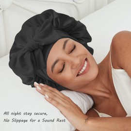 Satin Bonnet Silk Bonnet for Sleeping Women Hair Bonnet for Curly Hair Head Wrap Scarf Night Sleep Cap Bonnets for Black Woman Hair Accessories for Women Men Girls with Elastic Tie Band(Black)
