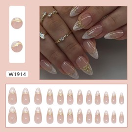 24Pcs French Tip Press on Nails Short Almond Fake Nails with Color Tulips Design Full Cover Bow Glue on Nails Cute Flower Stick on Nails Reusable Nude Acrylic Nails for Women Manicure Decorations