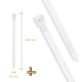 200mm x 2.5mm White Plastic Cable Ties Nylon Cable Ties (Pack of 300)
