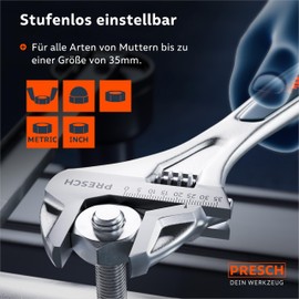 PRESCH Adjustable Spanner 250 mm - Laser Engraved Scale 35 mm (Metric & Inch) - High Precision Milled for Best Grip - Robust, Adjustable Wrench - High Quality English Tool