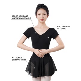 Phoeswan Skirted Dance Leotards Black Dress Short Sleeve for Women, Negro, XXL