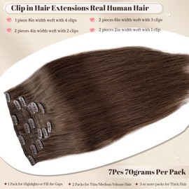 Licoville Clip in Hair Extensions Real Human Hair Dark Brown Clip ins Medium Length 70grams 7pcs Silky Straight Remy Human Hair Brown Clip in Extensions for Women 15 Inch