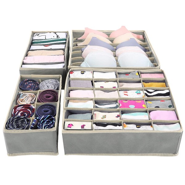 RANJIMA Collapsible Drawer Organizer, Set of 4 Storage Underwear, Non-Woven Drawer Storage Box for Bras, Ties, Socks, Scarves, Space Saving