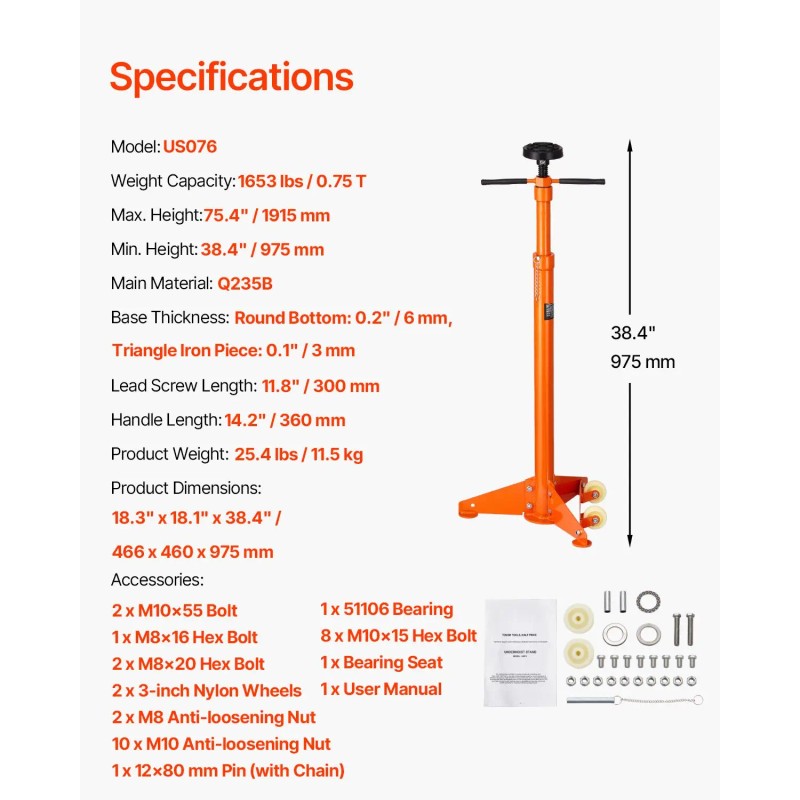 3/4 Ton Capacity Underhoist Support Stand with Spin Handle 75.4