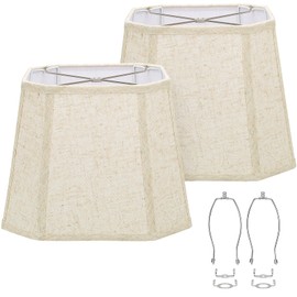 Rectangle Lamp Shades Set of 2, 10.5" x 10"x 13" Medium Cut Corner Beige Lampshades Natural Linen Hand Crafted, Include 2 Pack Lamp Harps, Suitable for E26 Base and Saddle Base, Easy Assembly Required