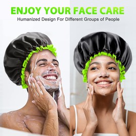 mikimini Black Shower Cap for Women, Men & Girls, 2 Packs, Reusable, Double Layers Waterproof Bathing Shower Hat with Soft Comfortable PEVA Lining, non-fading, Stretchy Shower Cap