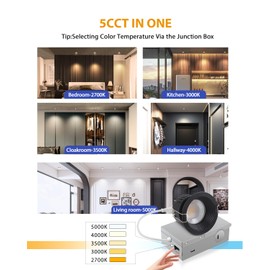 Adetu 3 Inch 5CCT Black Anti-Glare LED Recessed Ceiling Light with Junction Box, 2700K/3000K/4000K/50000K Selectable, CRI90+, 12W, 1260LM, Dimmable Canless Water Downlight-ETL&FCC (Black, 1 Pack)