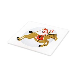 Lunarable Horses Running Cutting Board, Nursery Cartoon Animation of Fully Equipped Polo Jockey Riding His Animal, Decorative Tempered Glass Cutting and Serving Board, Large Size, Multicolor