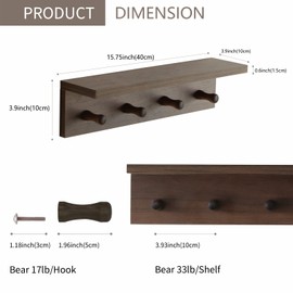 XAOHOME Entryway Coat Rack Hooks with Shelf, Sturdy Wooden Floating WallOrganizer Shelf with 4 Hooks siutable for Entrance, Mudroom, Kitchen, Bathroom,.etc(Walnut Finish)