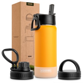 koodee Kids Water Bottle for School-16 oz Stainless Steel Vacuum Insulated Wide Mouth Water Bottle for Girls Boys-Reusable Leak Proof Water Flask with 3 Lids, BPA Free(Mango Yellow)