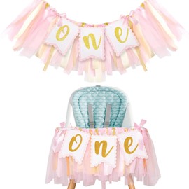 IETWATE One High Chair Banner 1 Year Birthday, First Birthday High Chair Banner, Pink 1st Birthday Banners for Baby, for Decoration Girls Birthday Party Decoration Photo Props