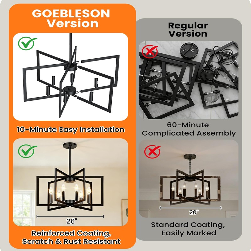 GOEBLESON 26" Black Chandelier for Dining Room, 6-Light Dining Room