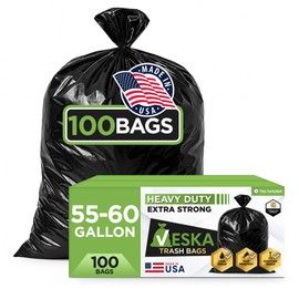 Veska 55-60 Gallon Trash Bags Heavy Duty (MegaValue 100 Bags w/Ties) 50-60 Gallon Large Black Garbage Bags Heavy Duty | Large Black Trash Bags for Commercial, Lawn and Leaf Bag