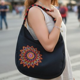 GURU SHOP Ethno Boho Shoulder Bag, Goa Bag Mandala - Black/Red, Unisex - Adult, 26 x 33 x 5 cm