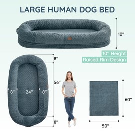 ChiXnuggle ChiXnuggle Human Dog Bed for Adult - Luxury Faux Fur Giant Human Size Dog Bed with Portable Handle, Egg Orthopedic Foam Dog Human Bed with Blanket, 72"x40"x10", Grayish Blue