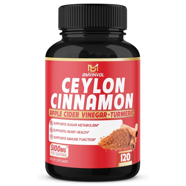 Ceylon Cinnamon Capsules - 5100mg Herbal Supplement - 120 Capsules - High Potency with Berberine, Apple Cider Vinegar, Turmeric, Ginseng - Antioxidant Support