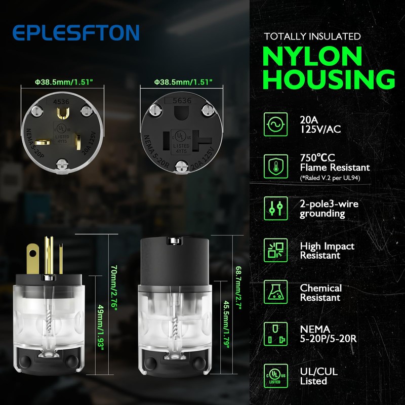 EPLESFTON 4 Set 20A 125V Extension Cord Ends Replacement, Lighted