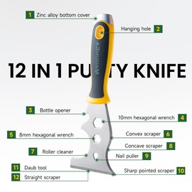 Voomey 12-In-1 Putty Knife,Paint Scraper Tool, Stainless Steel Paint Scraper, 2 Pack, Metal Scraper Used For Cleaning Paint Rollers, Removing Wall Cracks,Etc