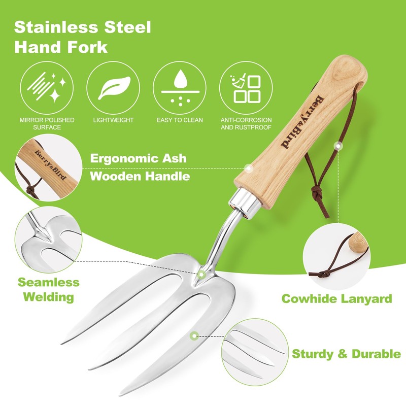 Berry&Bird Gardening Hand Fork, Stainless Steel Hand Weed Fork, Traditional