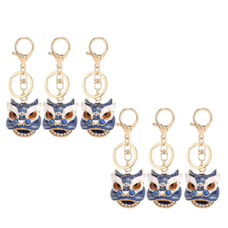 6pcs Lion Dance Keychains Cute Funny Exquisite Metal Rhinestone Chinese