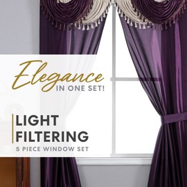 Regal Home Collections Amore Curtains 5-Piece Window Curtain Set - 54-Inch W x 63-Inch L Panels with Attached Valance and 2 Tiebacks - Bedroom Curtains and Living Room Curtains (Purple)