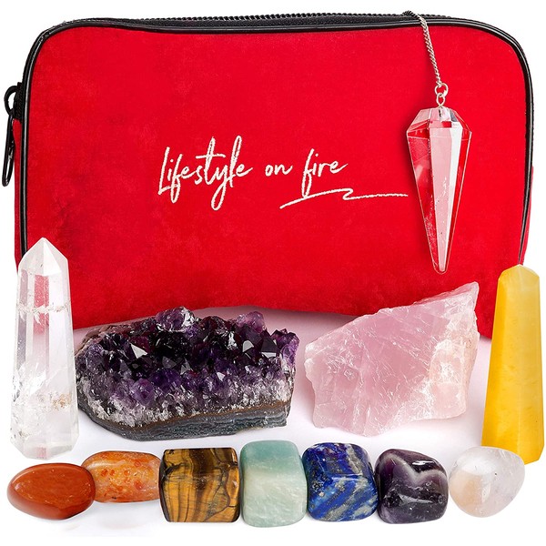 Healing Energy Set - Chakra Crystals & Healing Stones Gift Set with Bonus Blue Bag - Amethyst, Rose and Clear Quartz Crystal, Pendulum & 7 Chakra Stones and Crystals Set - Detailed How-To Ebook