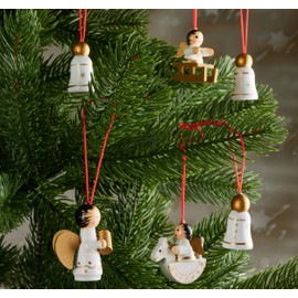 BRUBAKER 6-teiliges Set Christbaum Anhänger Engel und Weihnachtsglocken - Natürlicher Holz-Baumschmuck handbemalt für den Weihnachtsbaum - Weihnachtsanhänger