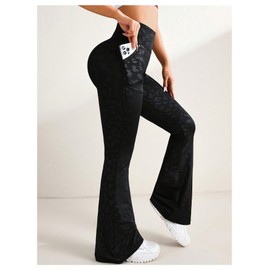 OYOANGLE Women's Leopard Print Flare Leg Yoga Pants Elastic High Waist Skinny Athletic Sport Bell Bottoms with Pocket Black Small