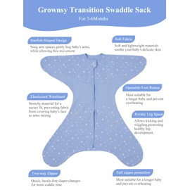 GROWNSY Transitional Swaddle Sleep Sack 3-6 Months, 100% Cotton Starfish Design Baby Swaddle Sack, Dual-Zipper for Easy Diaper Changes, Proper Hip Development & Openable Foot Button, 12-20lbs, Blue
