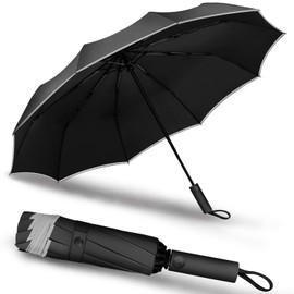 Yaneno Windproof Travel Reverse Folding Umbrella Compact Light Automatic Open Close Button Strong and Portable Reflective Safety Strip Resistant Wind Umbrella for Rain (Black)