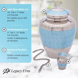 Light Blue Urns for Human Ashes - Adult Male & Female - Handcrafted Large & Small Urns - Keepsake Along with A Cremation Necklace
