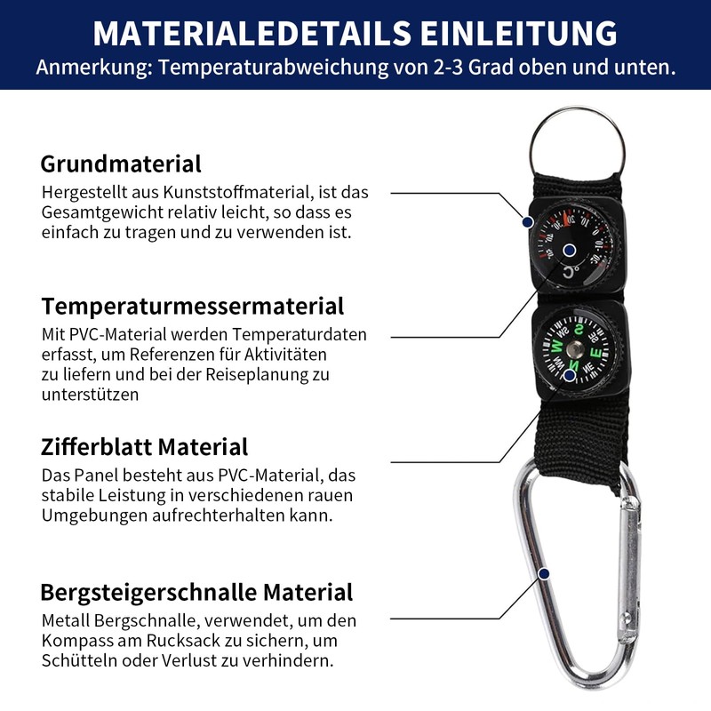 IUSOT Pack of 2 compass key rings with thermometer, multifunctional