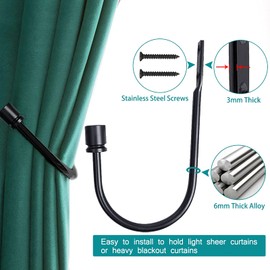 Soportes para cortinas, ganchos para cortinas, soportes de cortina negros para montaje en pared, soportes de cortina resistentes para cortinas, 4 unidades