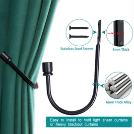 Soportes para cortinas, ganchos para cortinas, soportes de cortina negros para montaje en pared, soportes de cortina resistentes para cortinas, 4 unidades