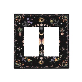 Gothic Hippy Boho Moth Moon Phase 2 Gang Double Rocker/GFCI Light Switch Cover Decorative Outlet Wall Plate Electrical Faceplate Home Bedroom Art Panel Decor Screwless