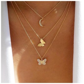Iaceble Boho Layered Butterfly Moon Necklace Crystal Butterfly Pendant Necklace Cz Crescent Necklace Choker Gold Butterfly Necklace Chain Jewelry for Women and Girls