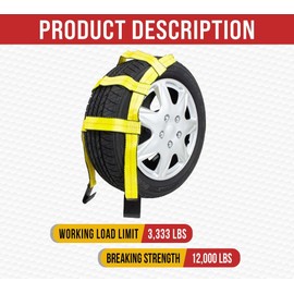 Mytee Products 2 Pack Tow Dolly Basket Straps with Flat Hook for 14"-19" Tires - 12,000 lbs Breaking Strength - Heavy Duty Wheel Net Auto Car Dolly Tie Down Straps for Universal Vehicle Towing