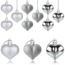 Yuronam 12 PCS Heart Ornaments 3 Different Finishes Heart Shaped Hanging Ornaments for Valentine's Day Wedding Christmas Tree Mother's Day Anniversary Party Decoration (Silver)