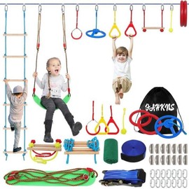 Ninja Warrior Obstacle Course Kids - 2 x 65ft Double Slacklines -Plenty of Exciting Obstacle Net Net Rope Ladder Monkey Bars - Ninja Course for Kids Outside, Kids Obstacle Course Backyard - SIZE: 50FT (single cord version)