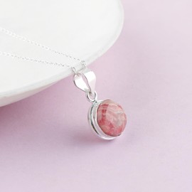 GEMKORA Real Rhodochrosite Crystal Pendant Necklace, Natural Gemstone, Birthstone, Bezel Setting, Cabochon Round Crystal, Healing Stone, Gift for Women, Silver Plated Jewelry 18 inch