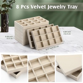 Highergo 8 Pcs Small Velvet Jewelry Trays Stackable Drawers Organizer Trays Ring Earring Storage Trays, 8.3x4.7x1''(Beige,15 Grids)