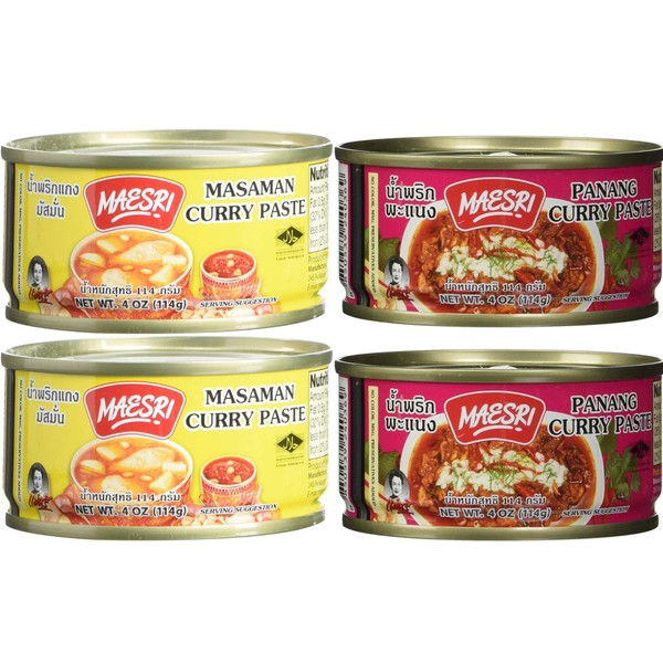 Maesri Thai Curry Paste - Taster Pack - Panang Curry Paste (2 x 4oz) and Masaman Curry Paste (2 x 4oz)