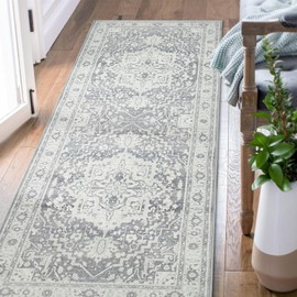 jinchan Hallway Runner Rug 3x7 - Kitchen Machine Washable Vintage Floral Non-Slip with Rubber Backing Ultra-Thin Low-Pile Carpet Runner for Entryway Bedroom Laundry Room (3x7ft,Light Grey)