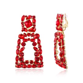 Flyonce Rectangle Clip-on Earrings for Women, Sparkly Rhinestone Crystal Geometric Statement Drop (Non Pierced) Red
